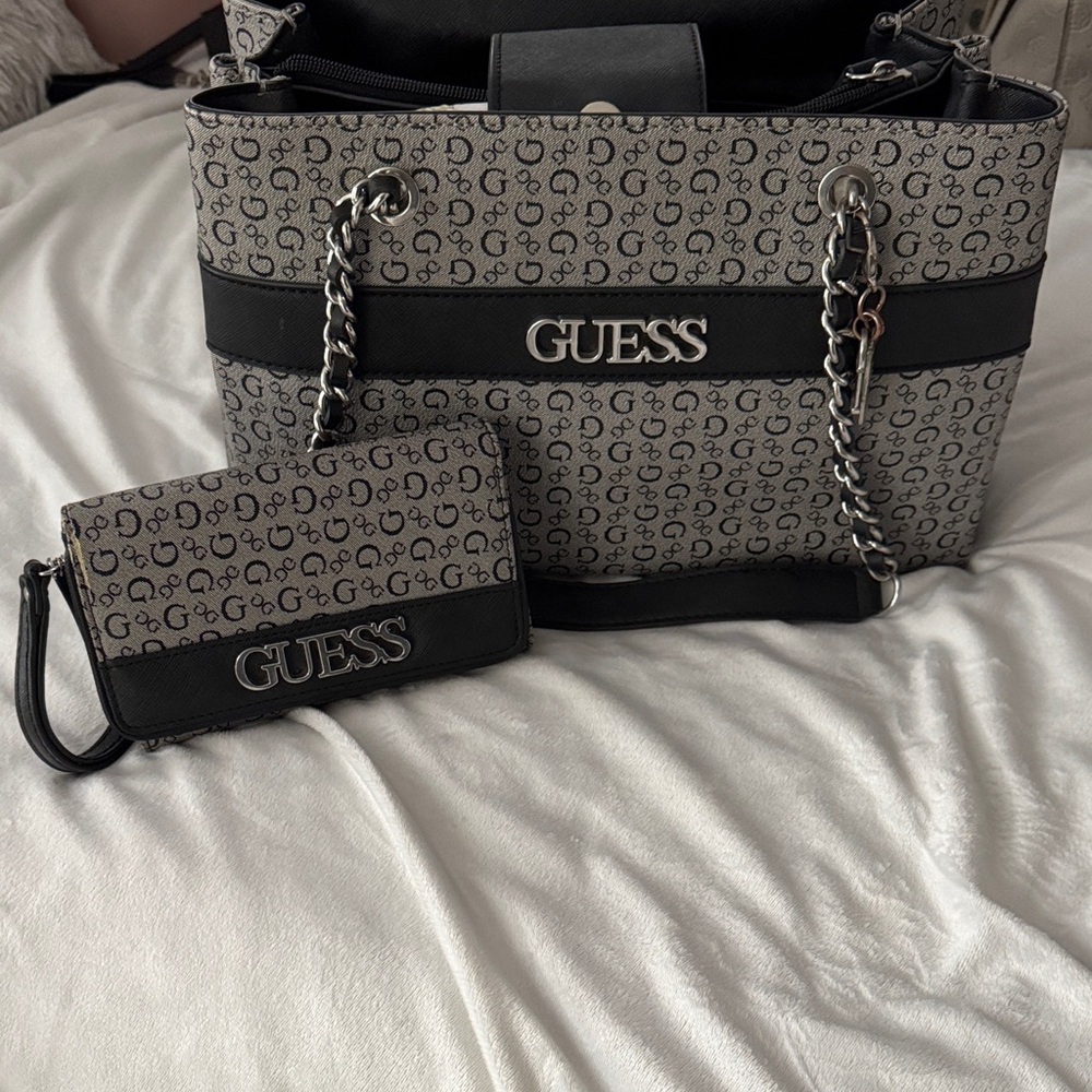 GUESS Gray Monogram Tote with Matching Wallet and Chain Handles